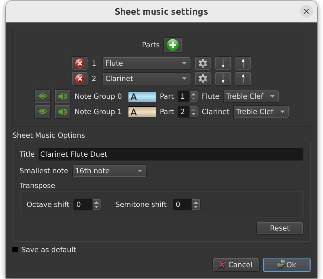 Sheet music settings